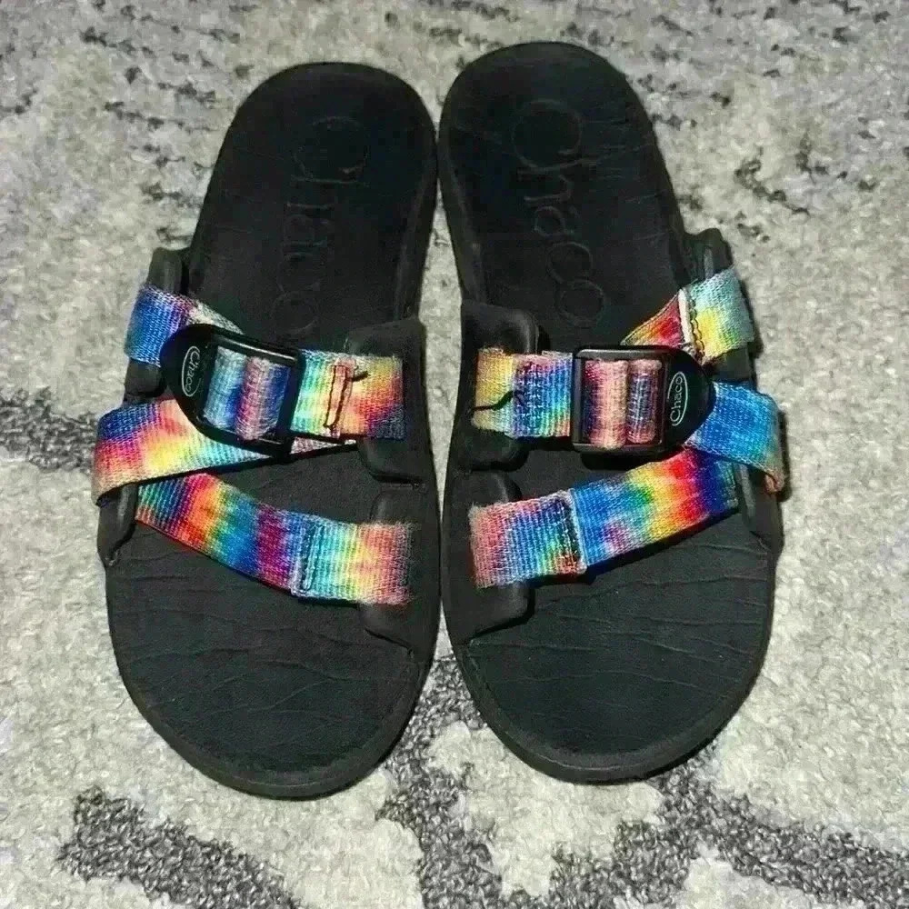 Chaco Kids Rainbow Tie Dye Seatbelt Buckle Chillos Slides Sandals Size 3